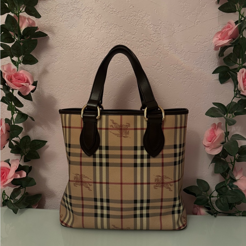 Burberry Leather-Trimmed Haymarket Check Medium Tote